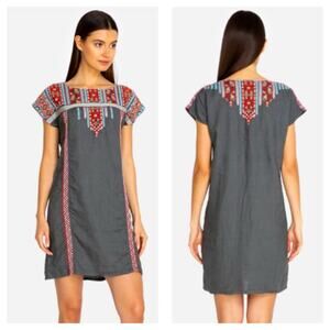Johnny Was Ezra Shift Tunic Dress Gray Linen Embroidered Tribal Motif Size XL